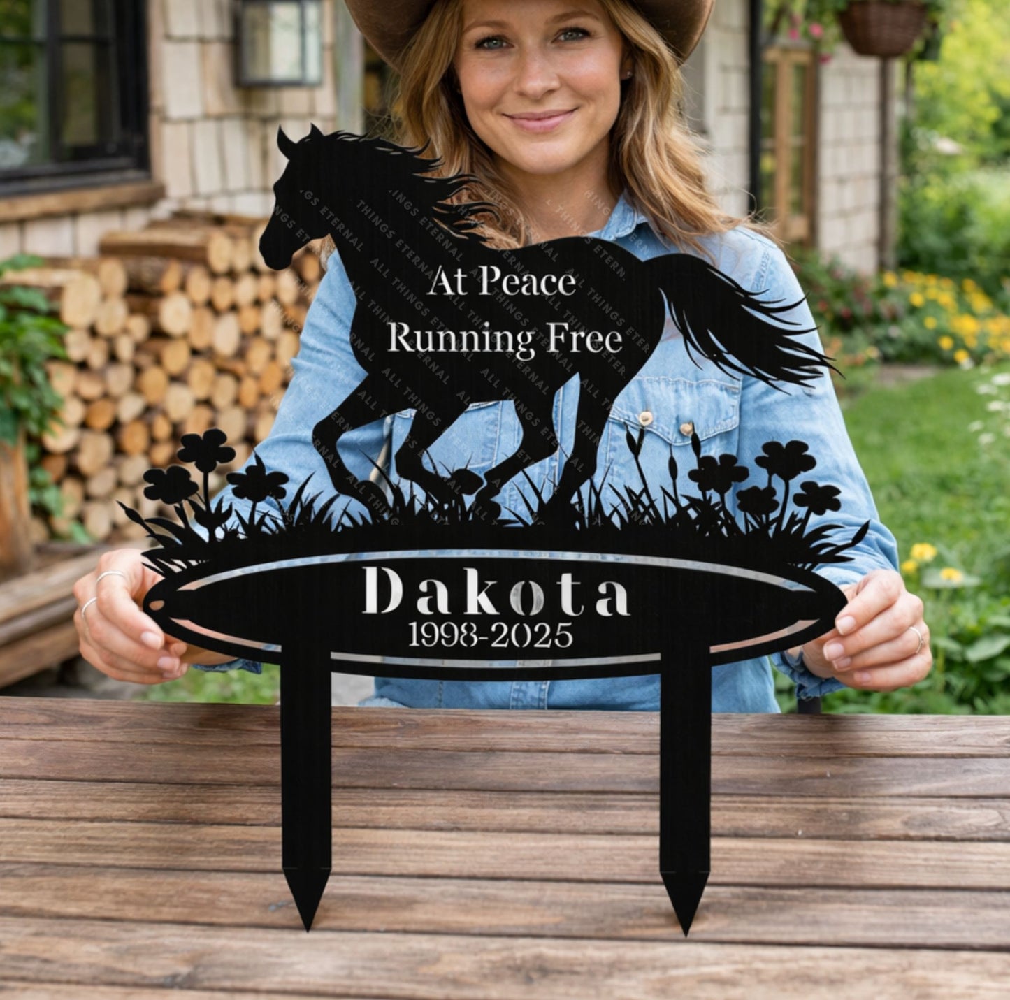 Horse Memorial Metal Garden Stake – Custom Running Horse Tribute Sign with Name & Dates
