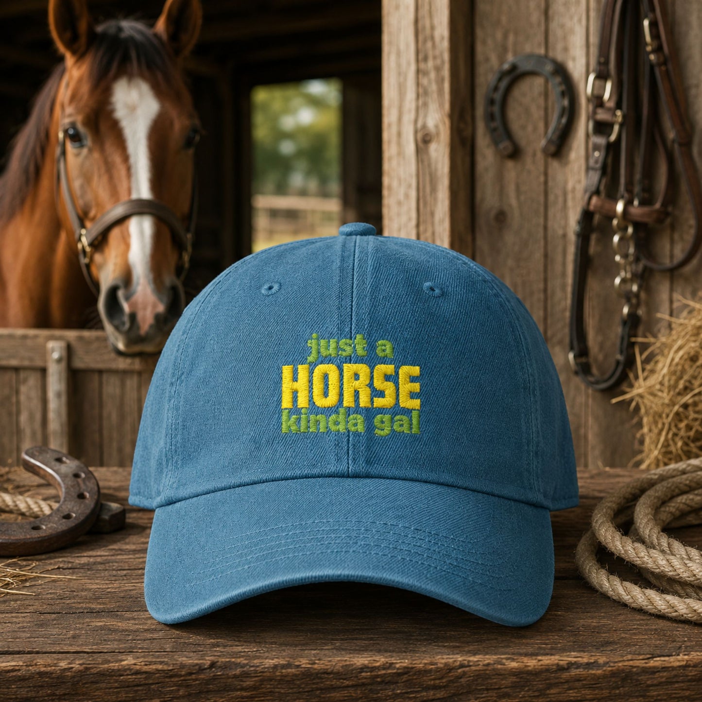 Just a Horse Kinda Gal Denim Hat — Embroidered Casual Baseball Cap for Horse Lovers