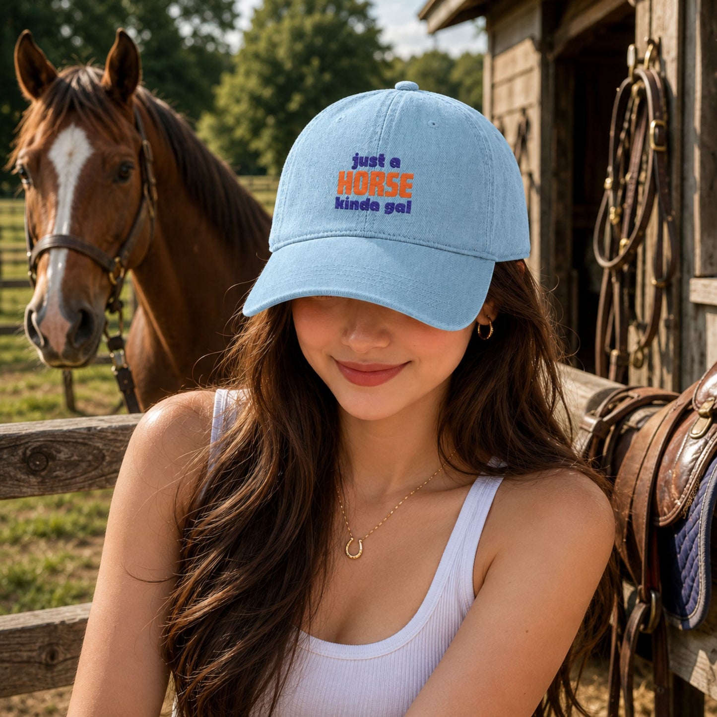 Embroidered Just a Horse Kinda Gal Denim Hat –  Equestrian Cap for Men and Women