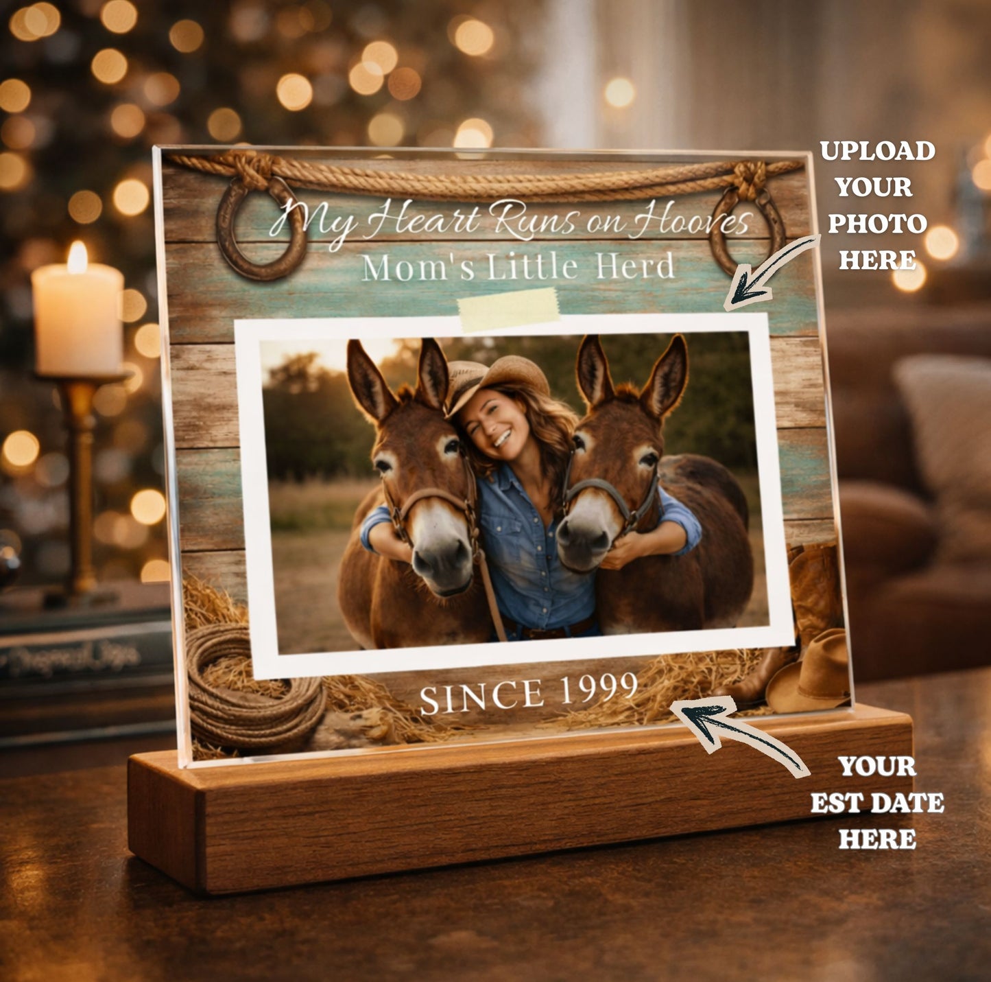Personalized Mule Mom Photo Square Acrylic Plaque – My Heart Runs on Hooves With Name & Date