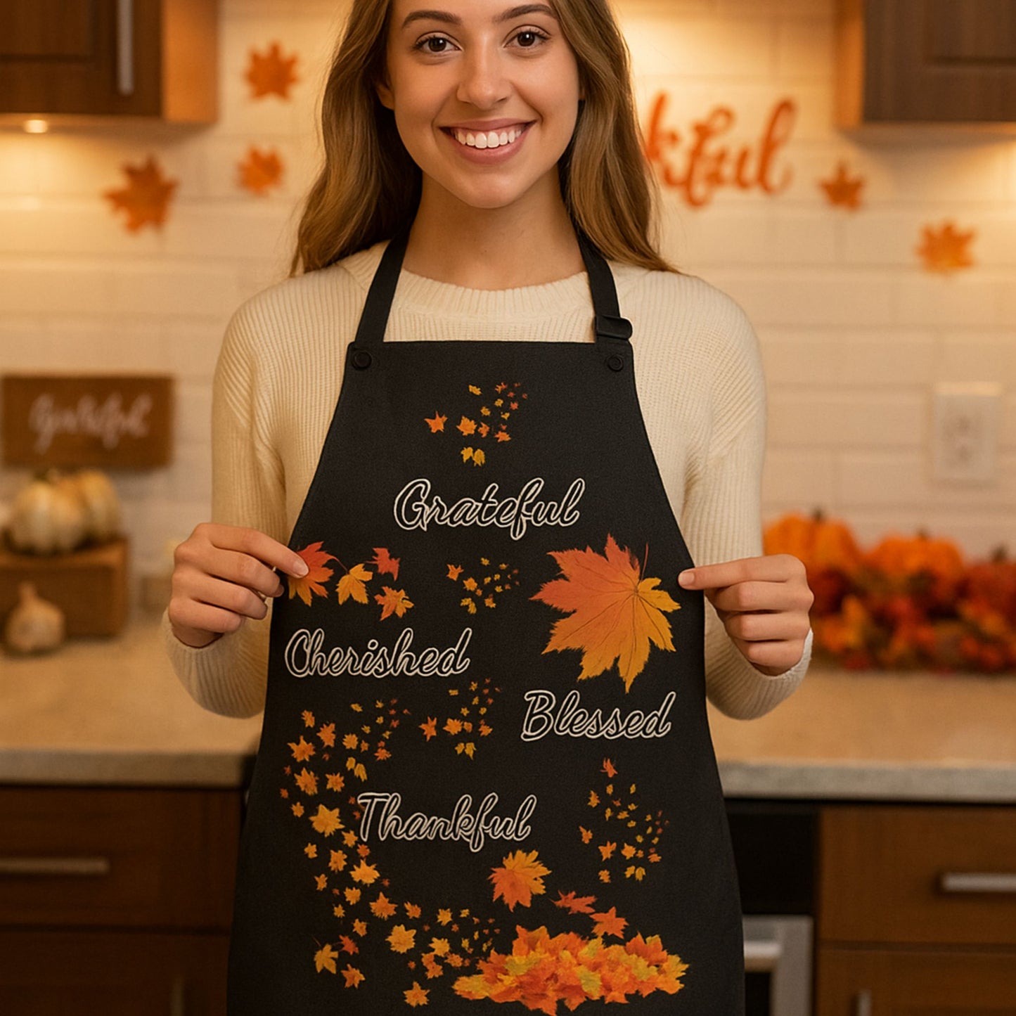 Black Grateful Thankful Blessed Apron | Fall Kitchen Gift | Thanksgiving