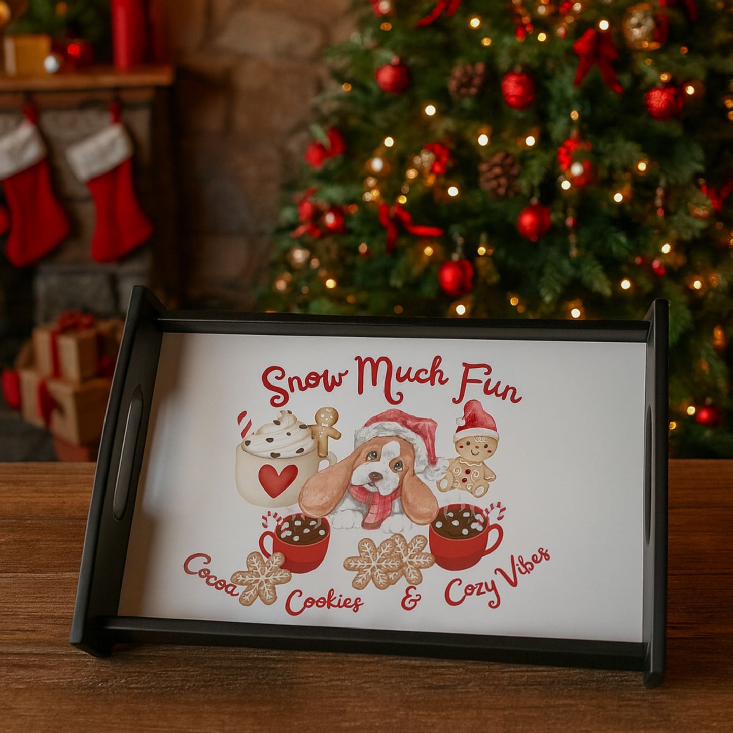 Snow Much Fun Christmas Espresso Black Tray – Cocoa, Cookies & Cozy Vibes