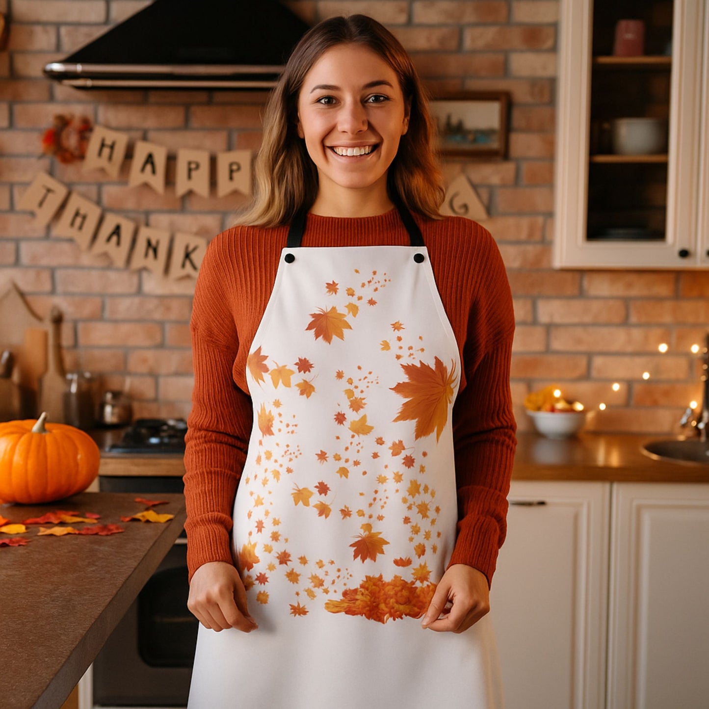 White Fall Leaves Apron | Grateful Cooking Apron | Holiday Gift
