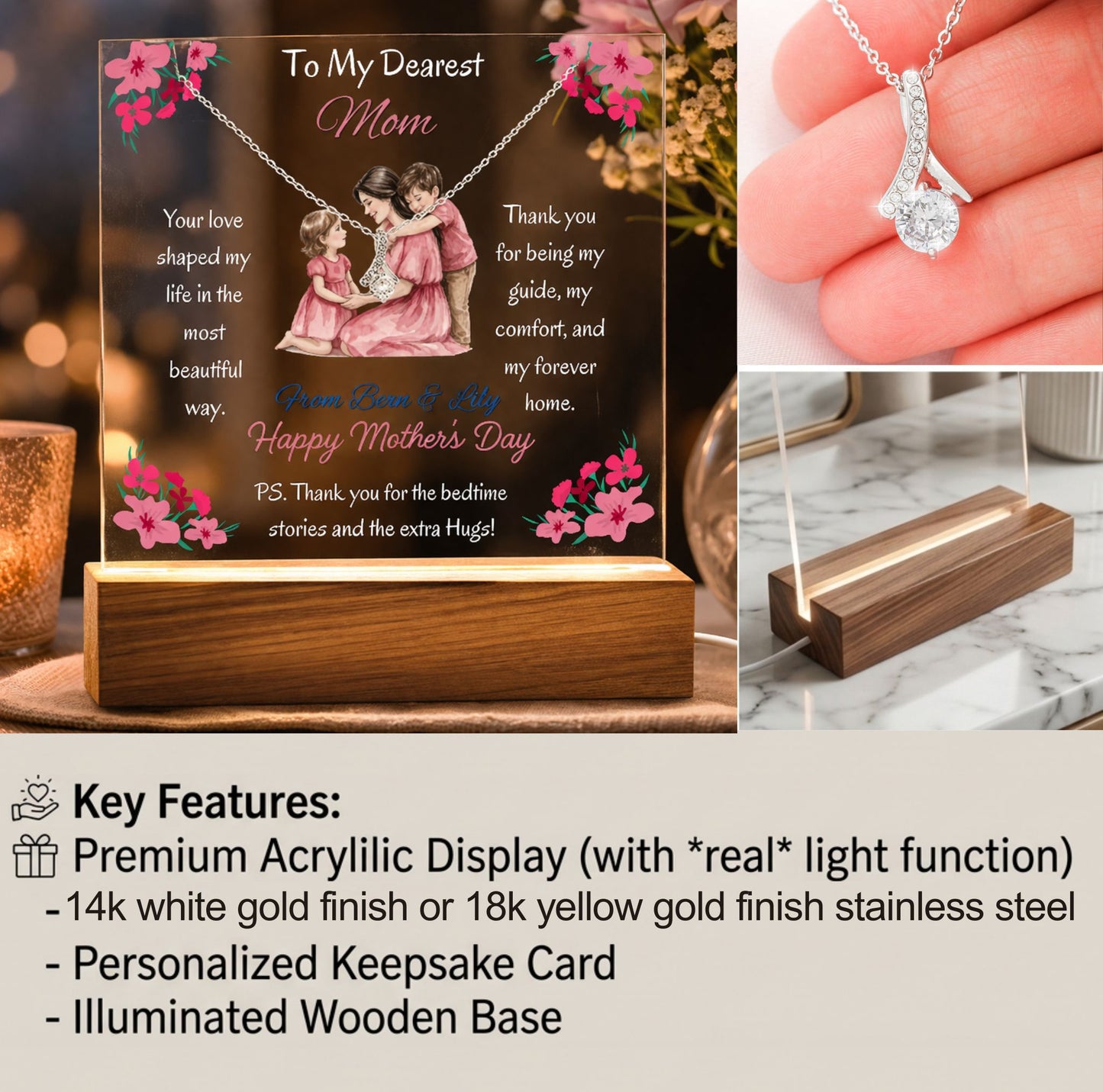 Personalized To My Dearest Mom Alluring Beauty Necklace Acrylic Plaque Mother's Day Gift