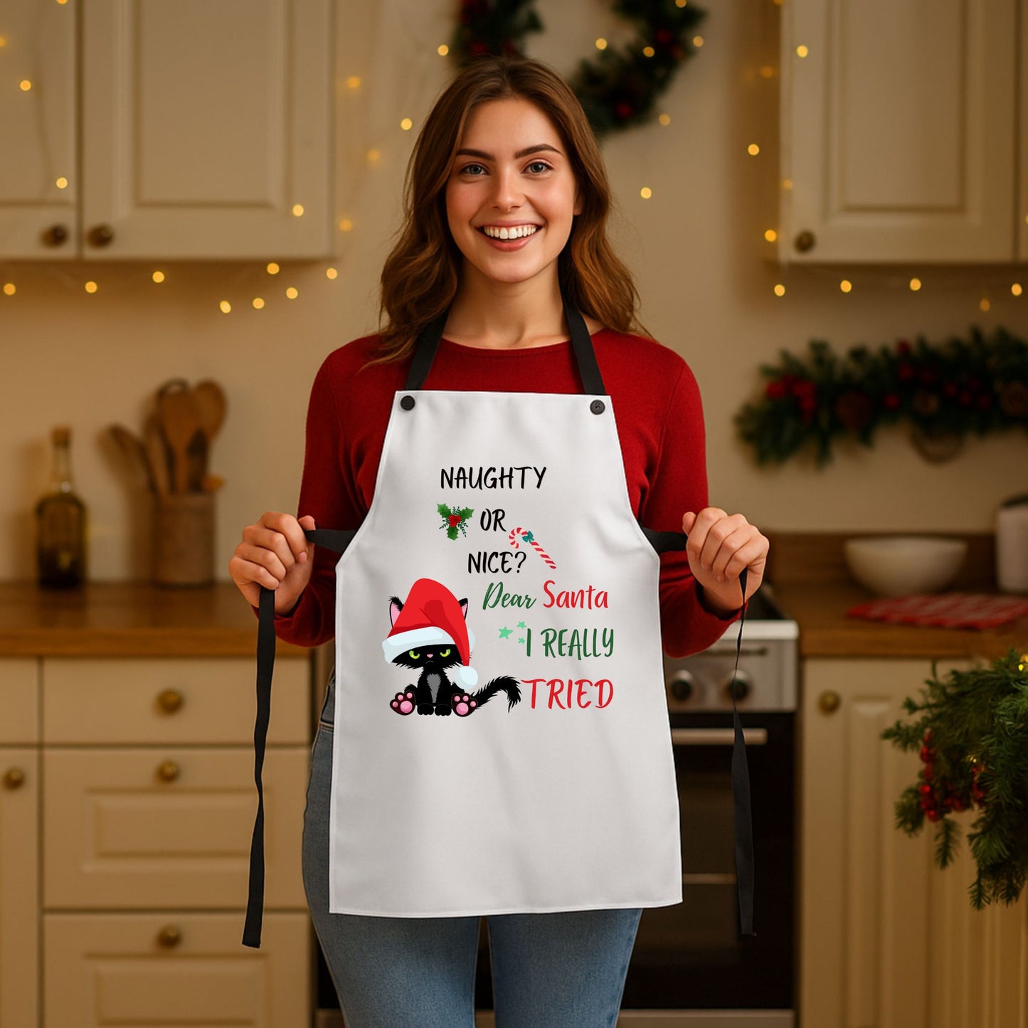 Naughty or Nice Cat Apron | Funny Christmas Kitchen Gift for Bakers