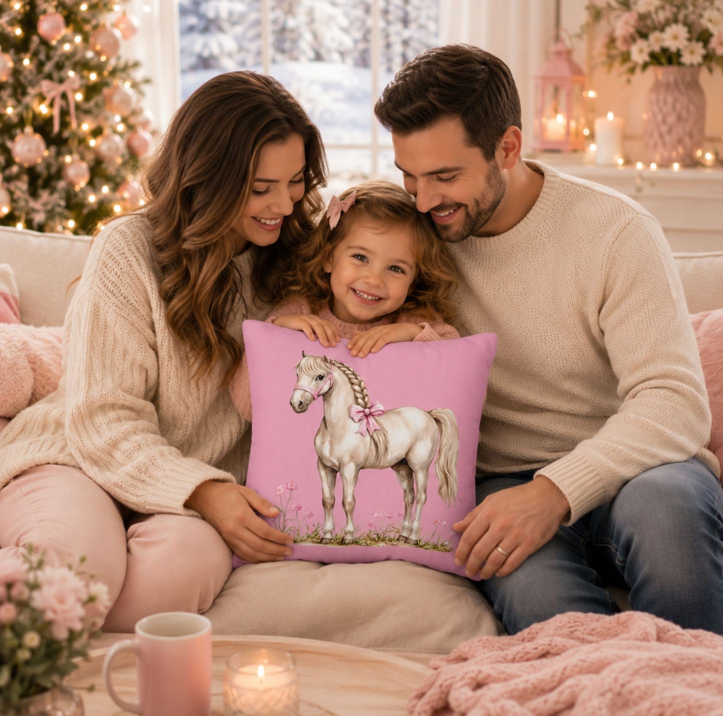 Pink Pony Decorative Pillowcase — Cute White Horse Throw Pillow Cover