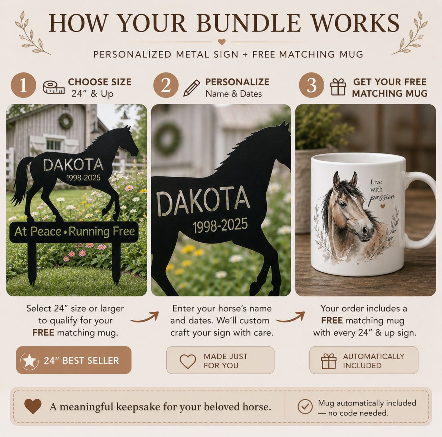 Personalized Horse Memorial Sign + FREE Mug – At Peace Running Free