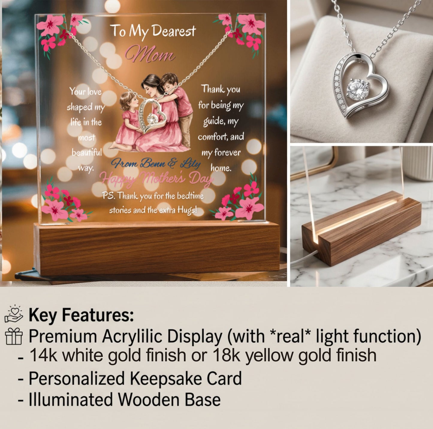 Personalized To My Dearest Mom  Forever Love Necklace Acrylic Plaque Mother's Day Gift