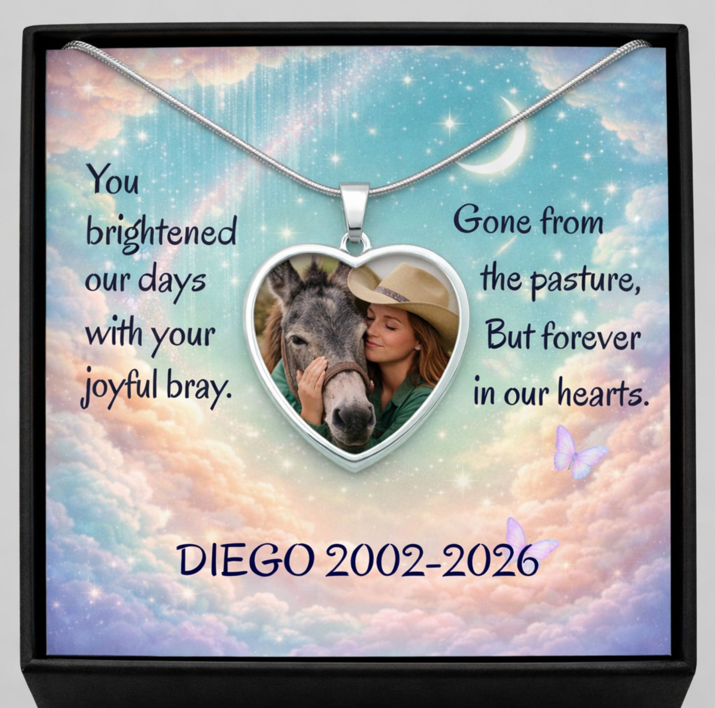 Personalized Donkey Memorial Photo Heart Necklace – Custom Jewelry Gift