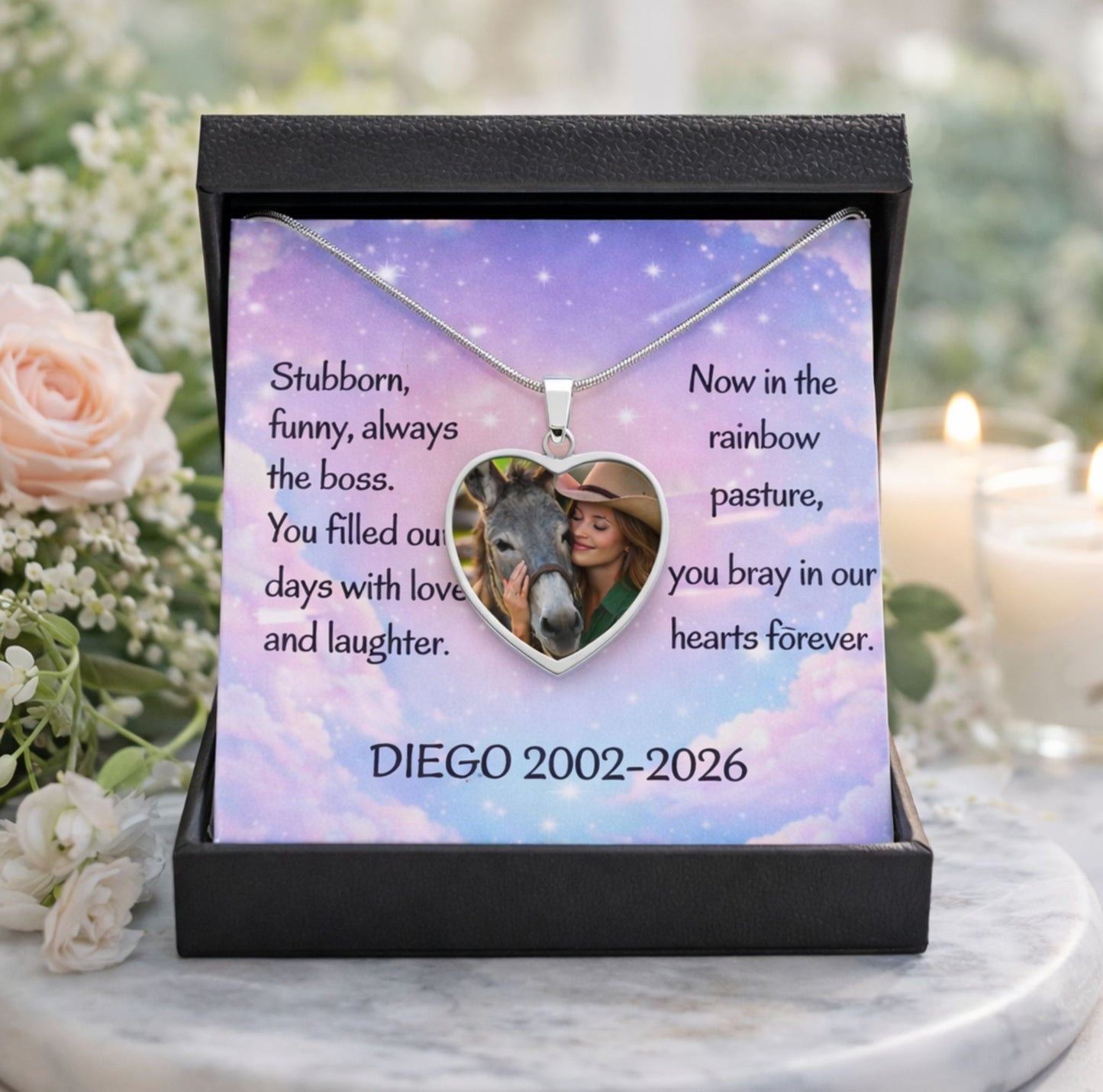 Custom Donkey Memorial Heart  Pendant Photo Necklace & Message Card Gift