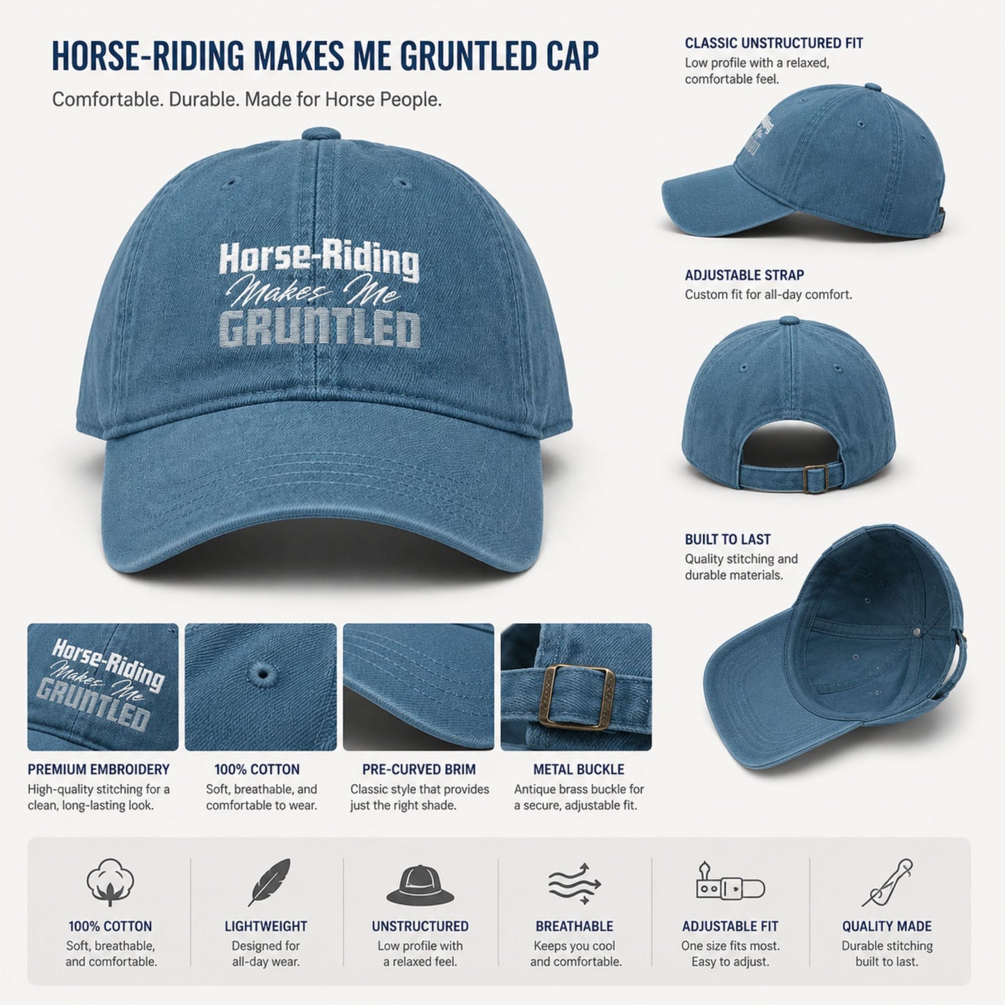 Horse-Riding Makes Me Gruntled Denim Hat — Embroidered Equestrian Cap