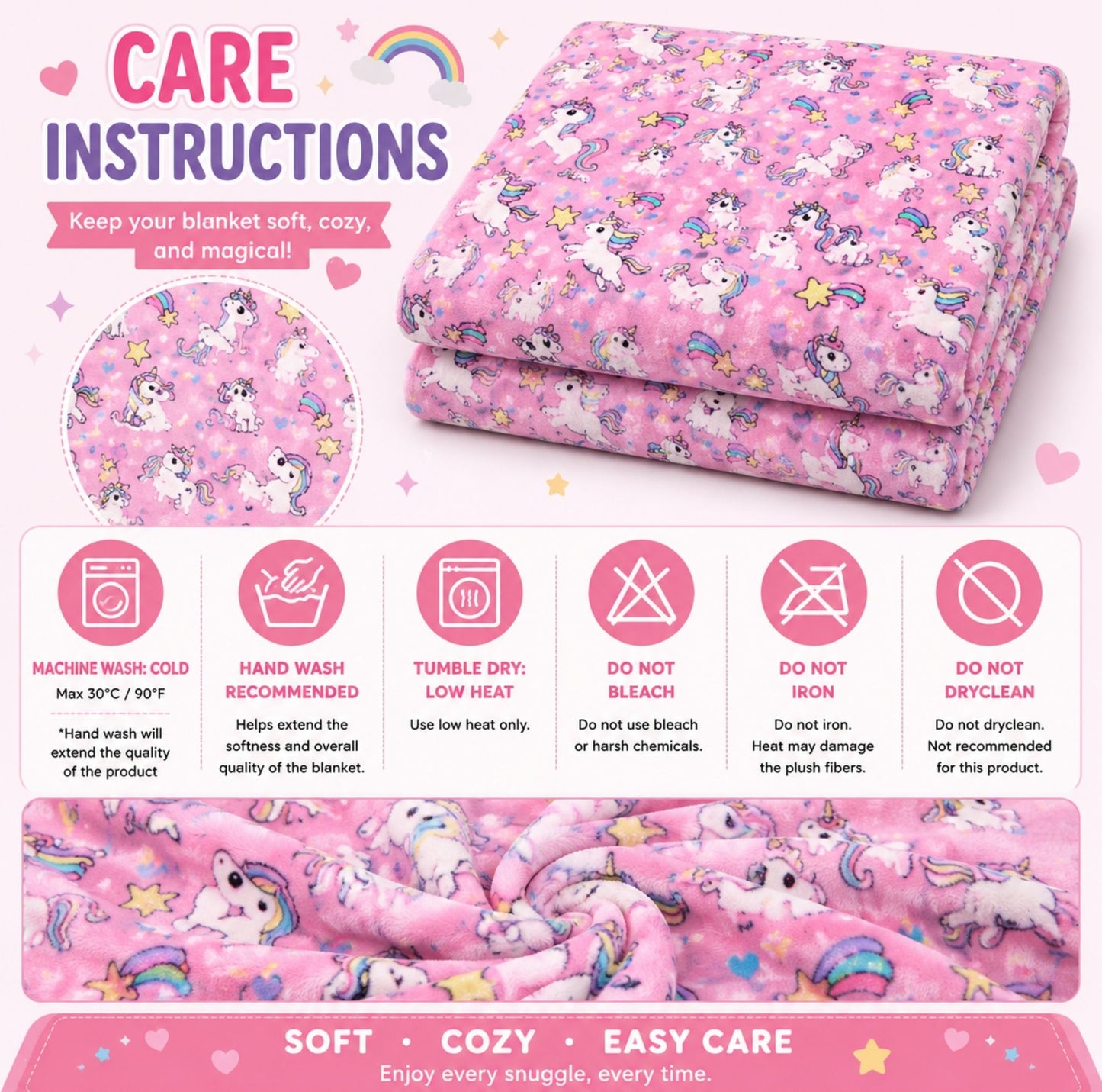 Unicorn Pattern Velveteen Plush Blanket | Pink Unicorn & Rainbow Throw