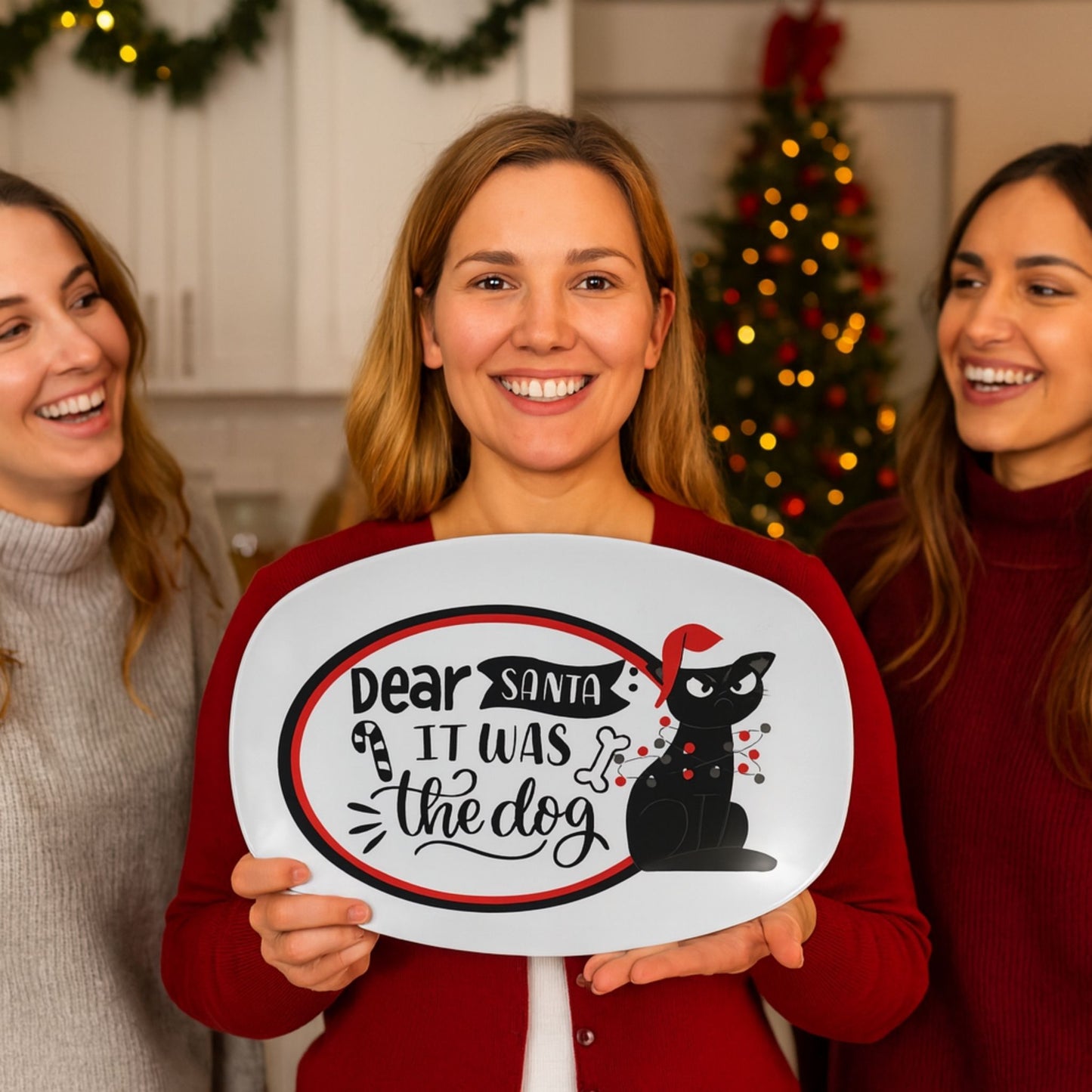 Funny Cat “Dear Santa It Was the Dog” Serving Tray – Holiday Platter
