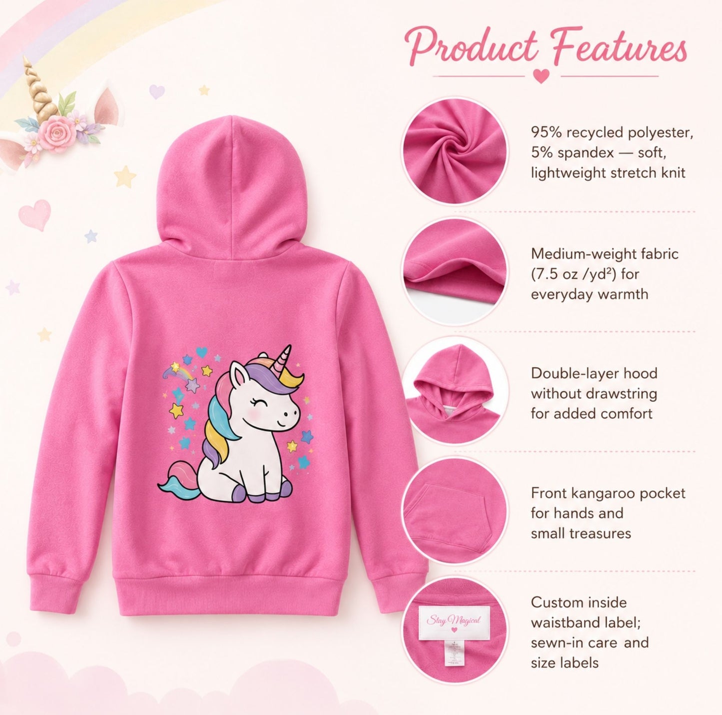 Kids Pink Unicorn Hoodie – Stay Magical Dream Big Pullover Sweatshirt