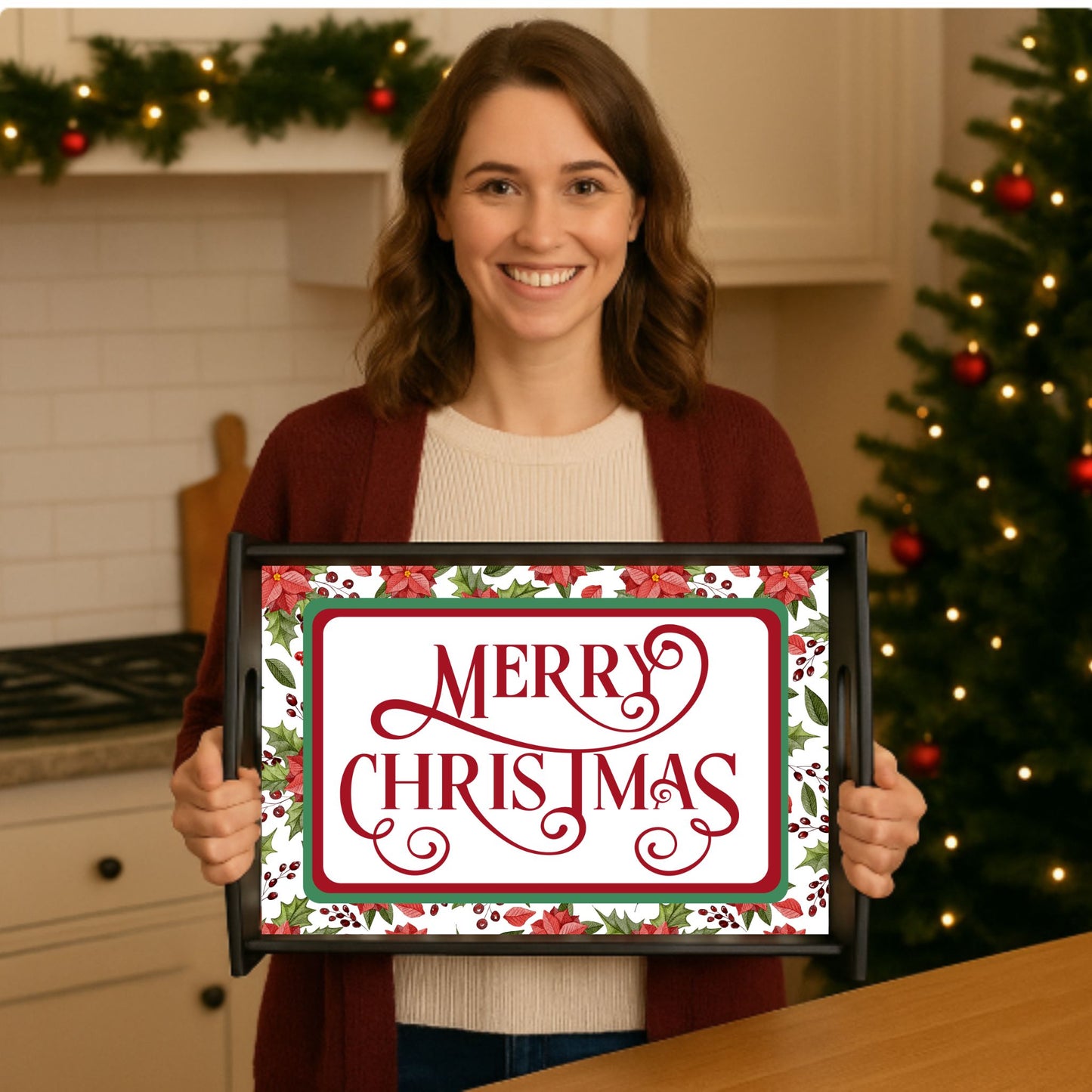 Espresso Black Merry Christmas Serving Tray – Large Wooden Holiday Platter