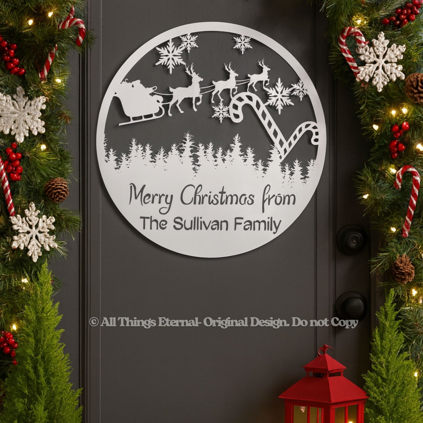 Personalized Family Name Christmas Metal Sign – Santa Sleigh Home Decoration