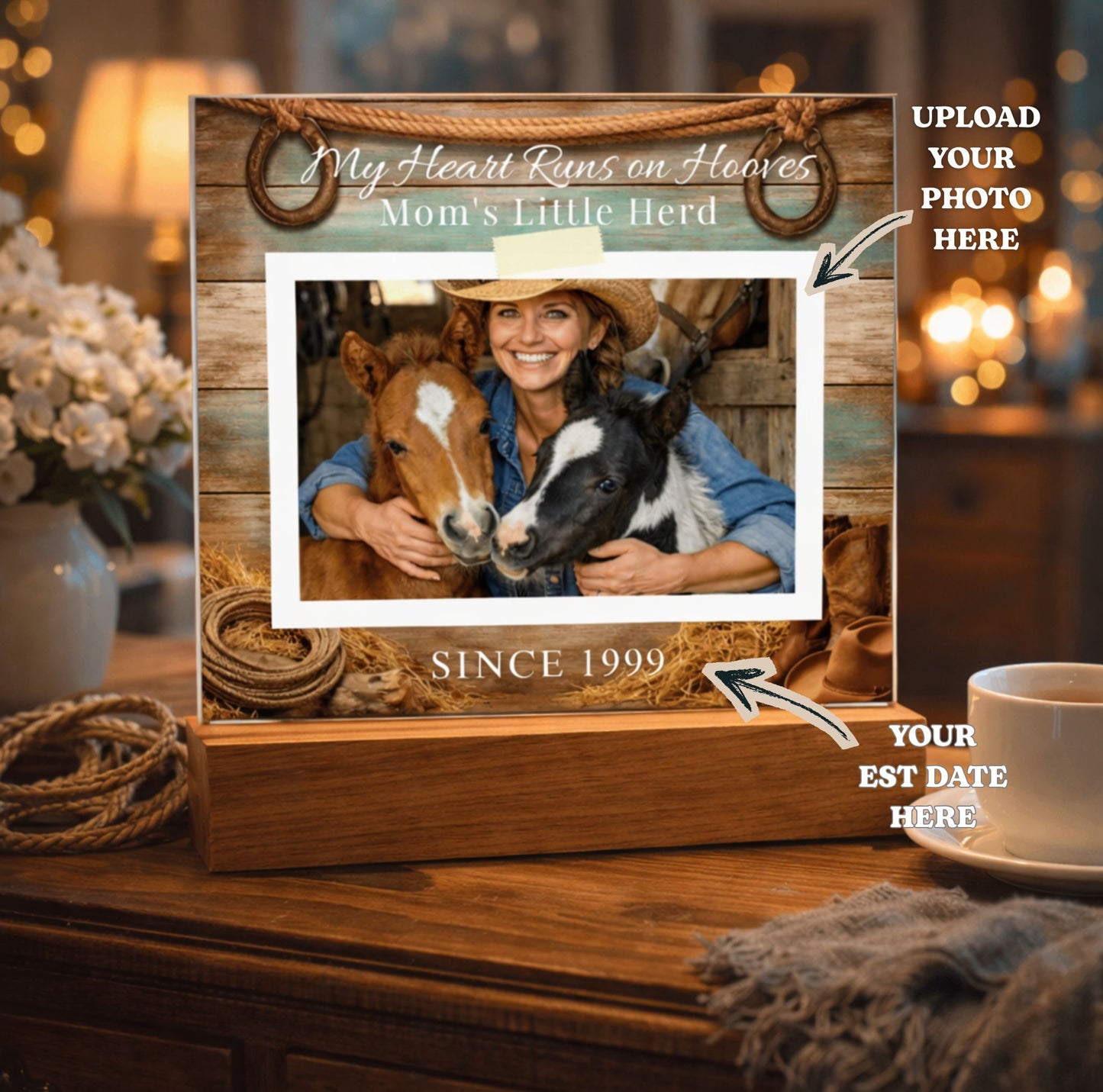 Personalized Horse Mom Photo Plaque – My Heart Runs on Hooves Custom Horse Lover Gift with Name & Date