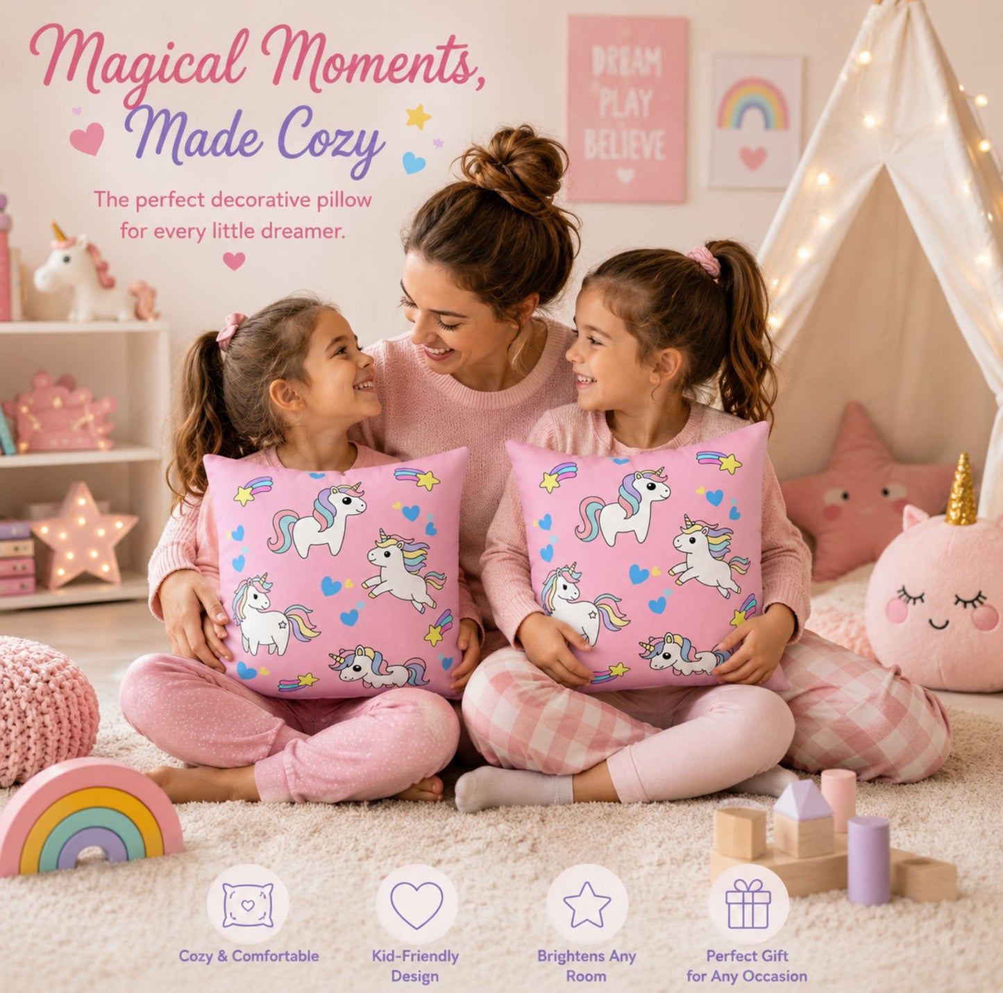 Cute Pastel Unicorn Pillowcase | Pink Kids Decorative Throw Pillow Cover