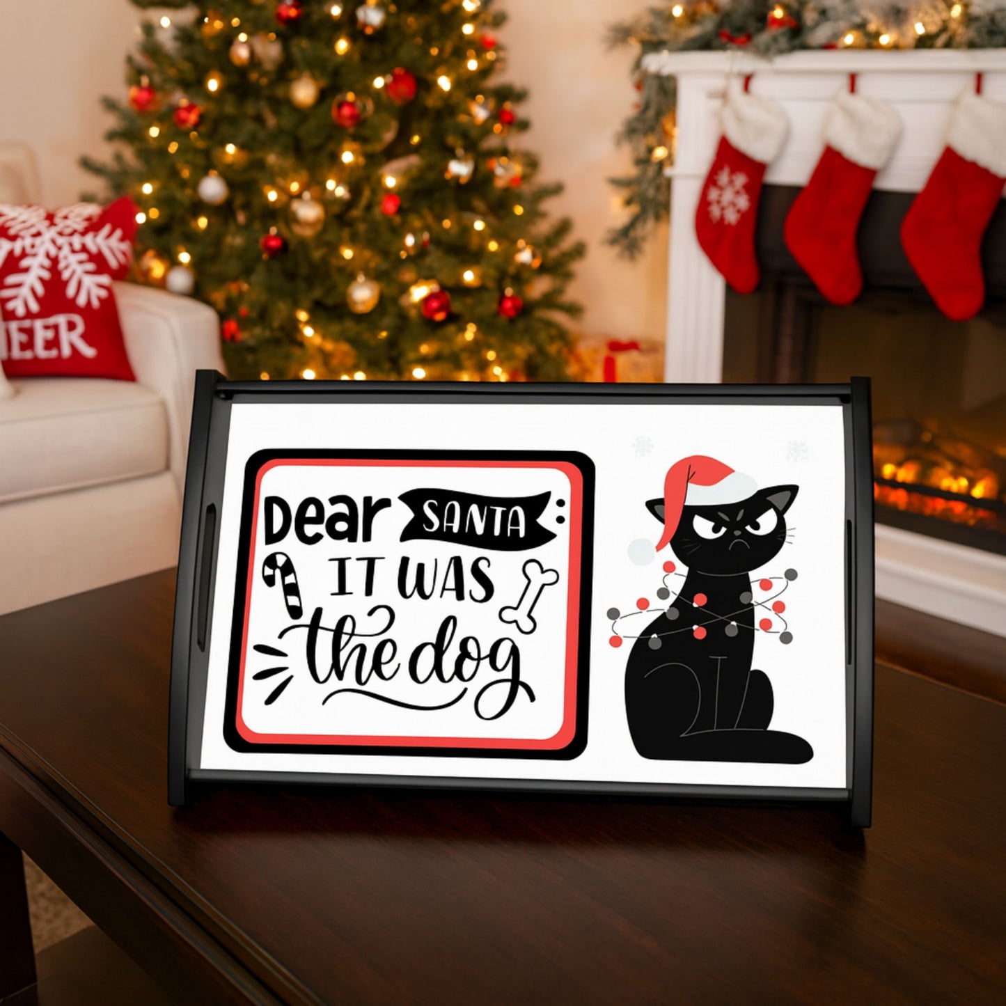 Funny Cat Wood Serving Tray | Christmas & Holiday Party Platter