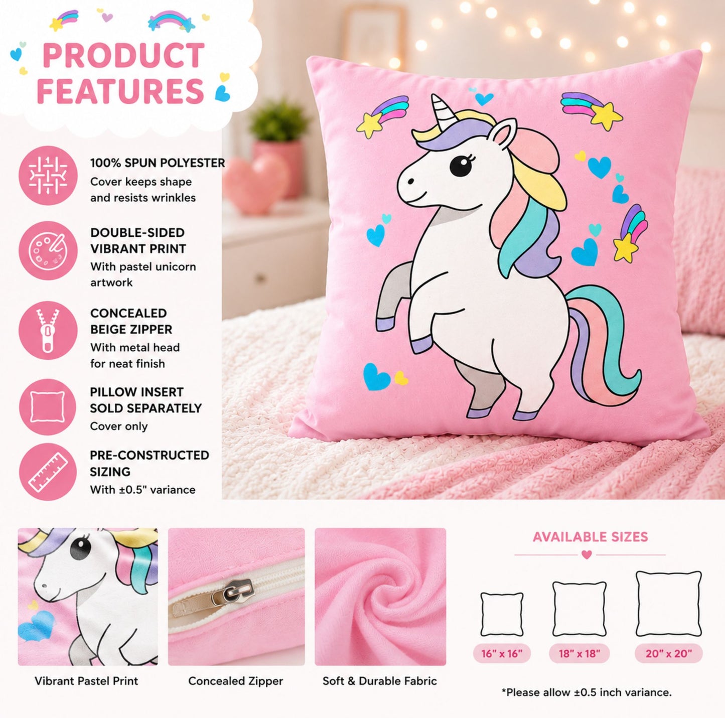 Prancing Magical Unicorn Pillow | Cute Rainbow Unicorn Throw Pillow
