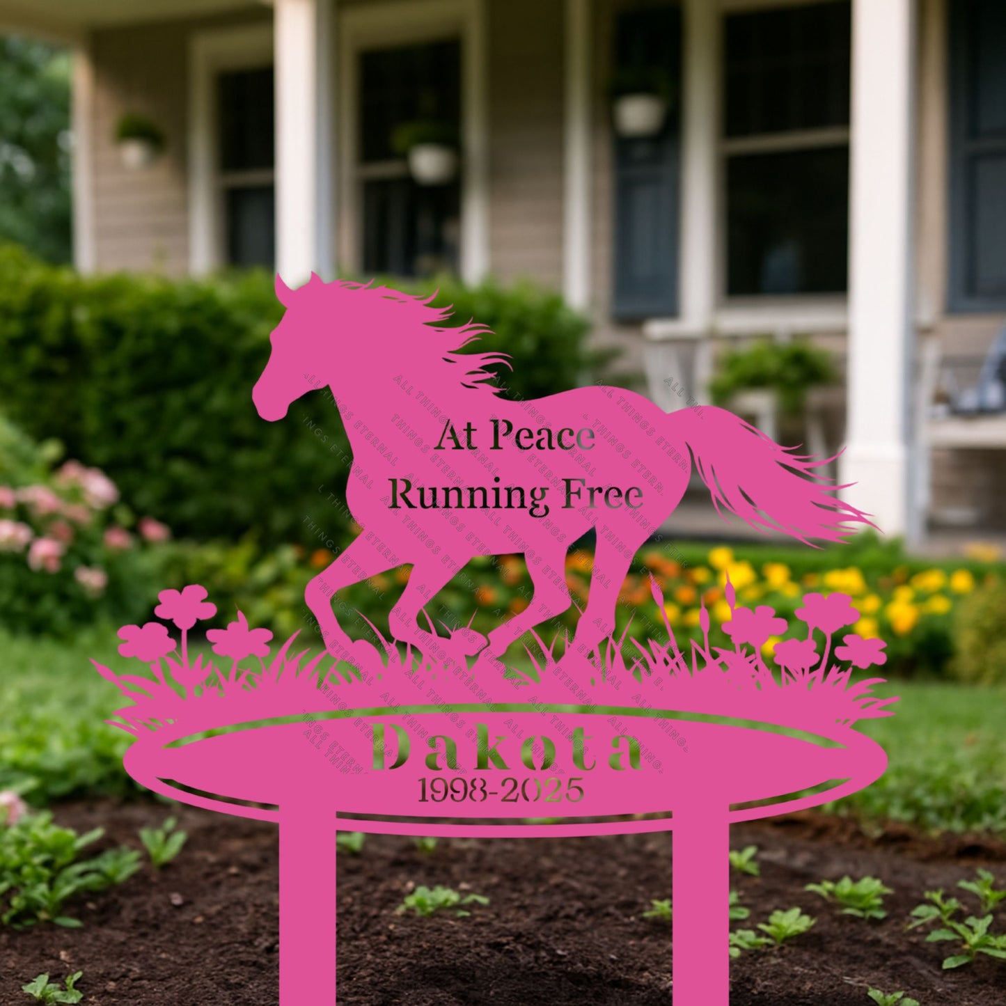 Horse Memorial Metal Garden Stake – Custom Running Horse Tribute Sign with Name & Dates