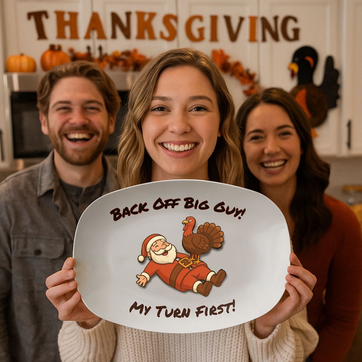 Funny Thanksgiving Platter – Back Off Big Guy! Turkey Serving Dish
