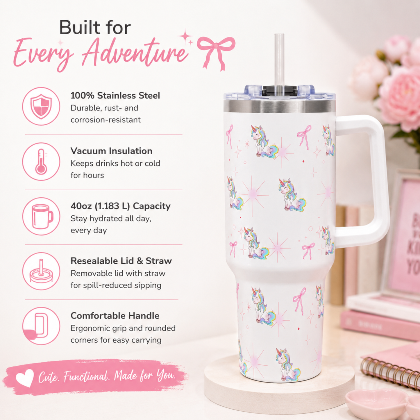 40oz Unicorn Pattern Vacuum Tumbler with Straw | Insulated Travel Mug
