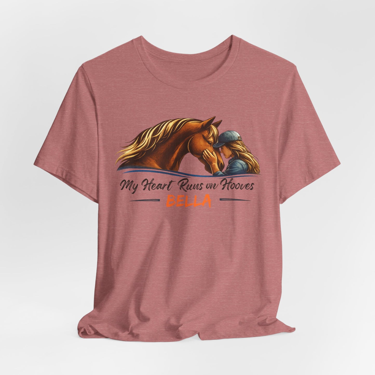 Horse Lover T‑Shirt - My Heart Runs on Hooves Personalized Bella Tee