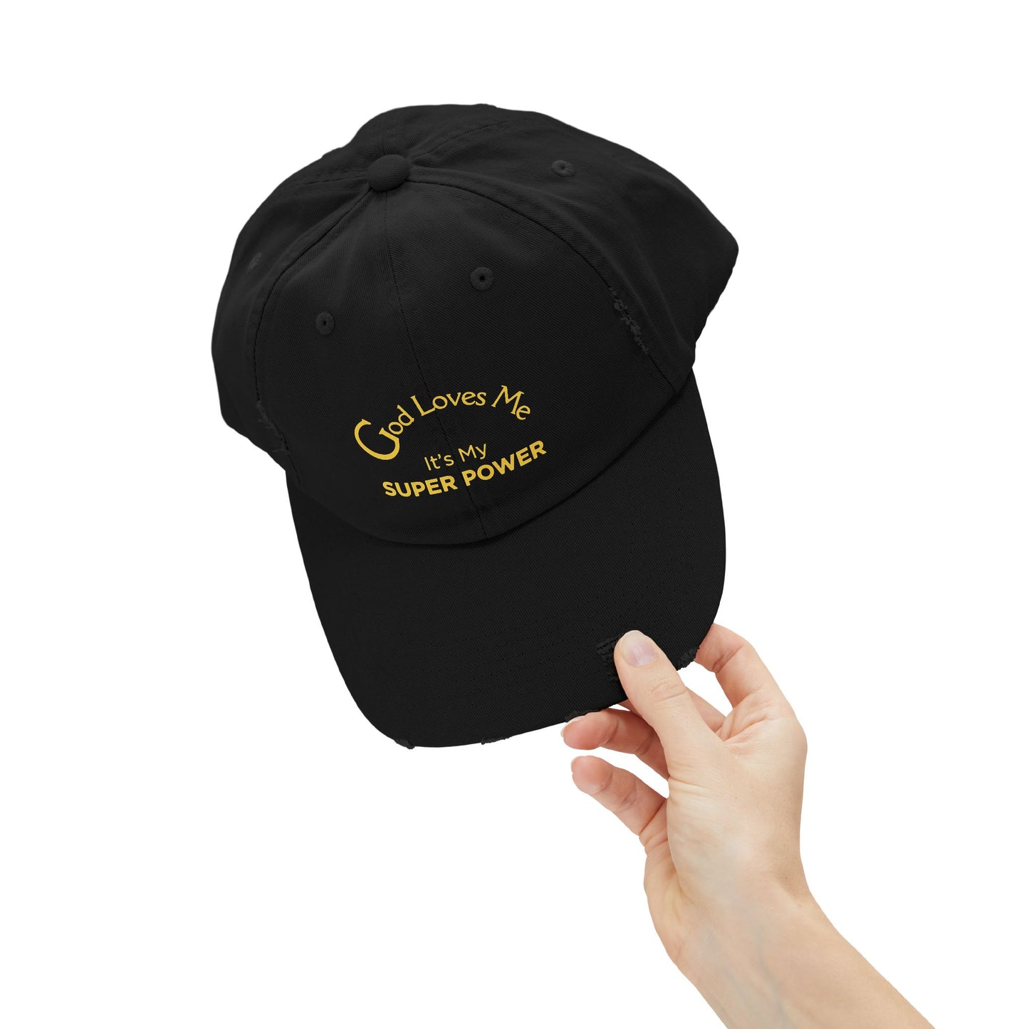 God Loves Me It’s My Super Power Distressed Christian Faith Cap