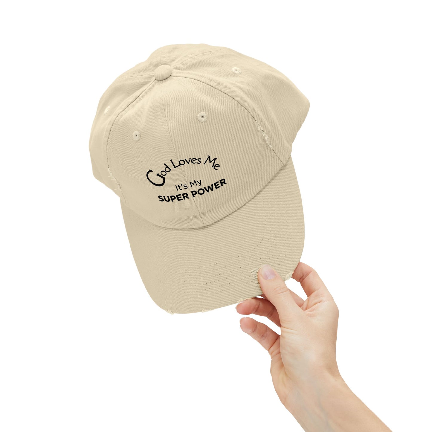 God Loves Me Super Power Cap – Distressed Christian Baseball Hat