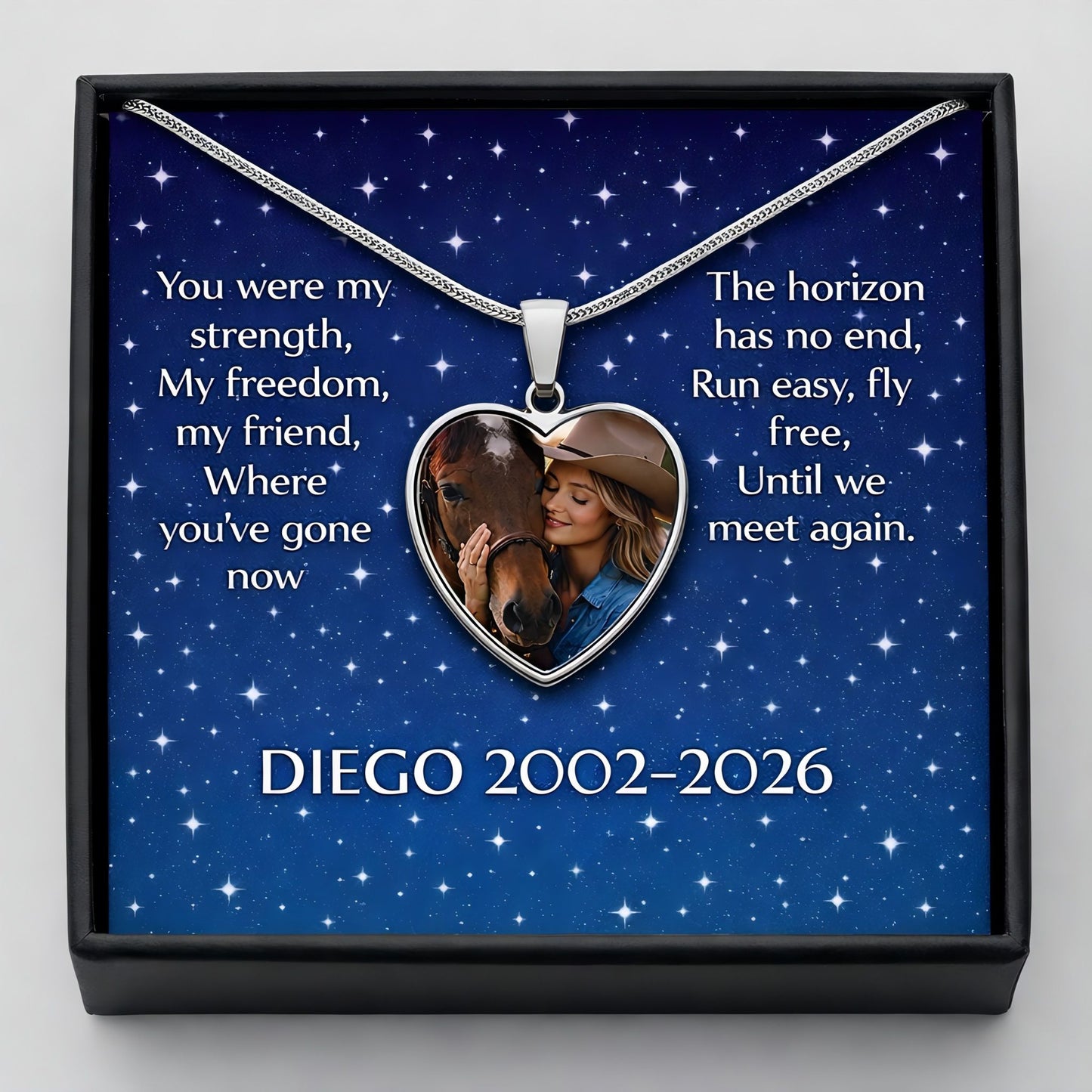 Personalized Horse Memorial Photo Heart Necklace with Message Card