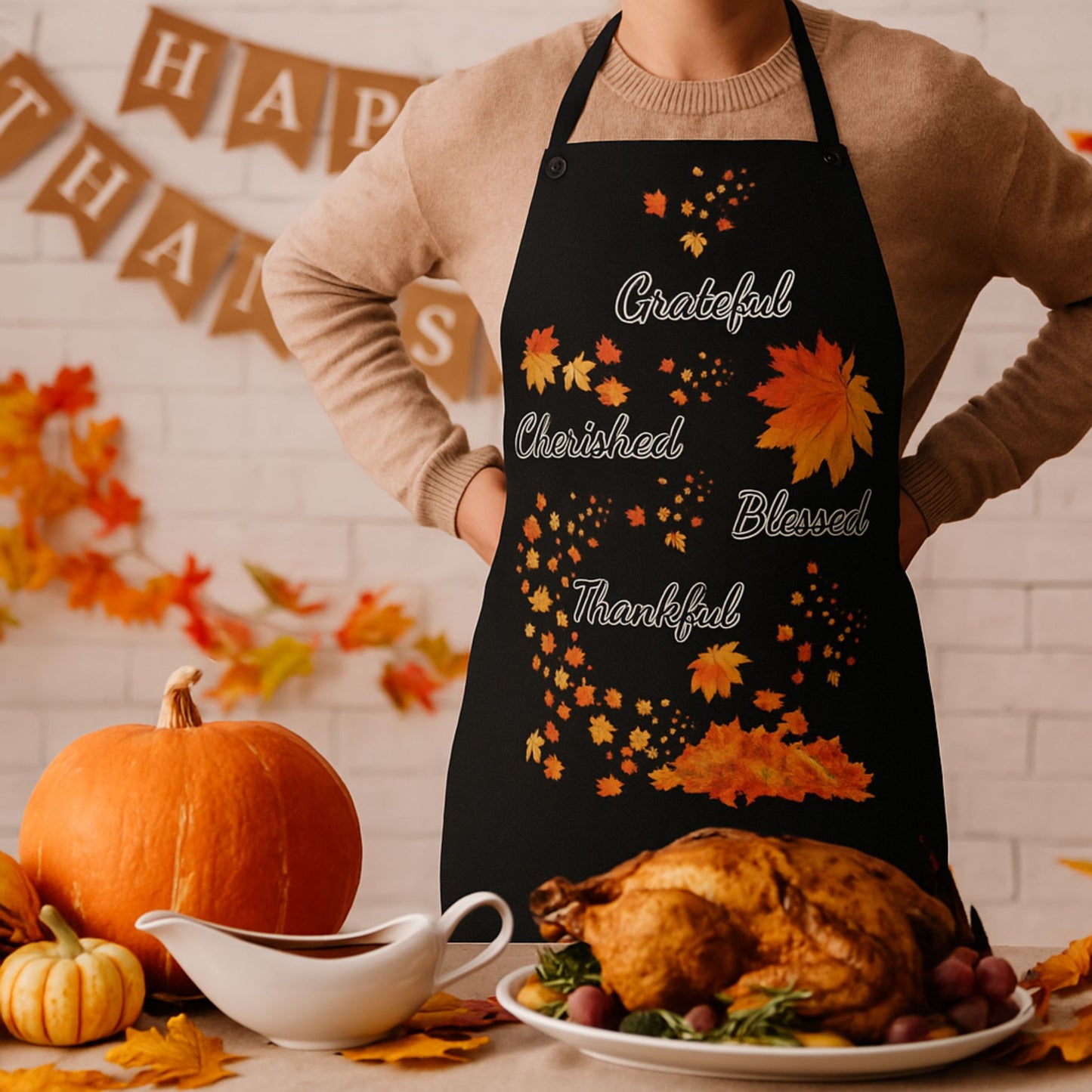 Black Grateful Thankful Blessed Apron | Fall Kitchen Gift | Thanksgiving