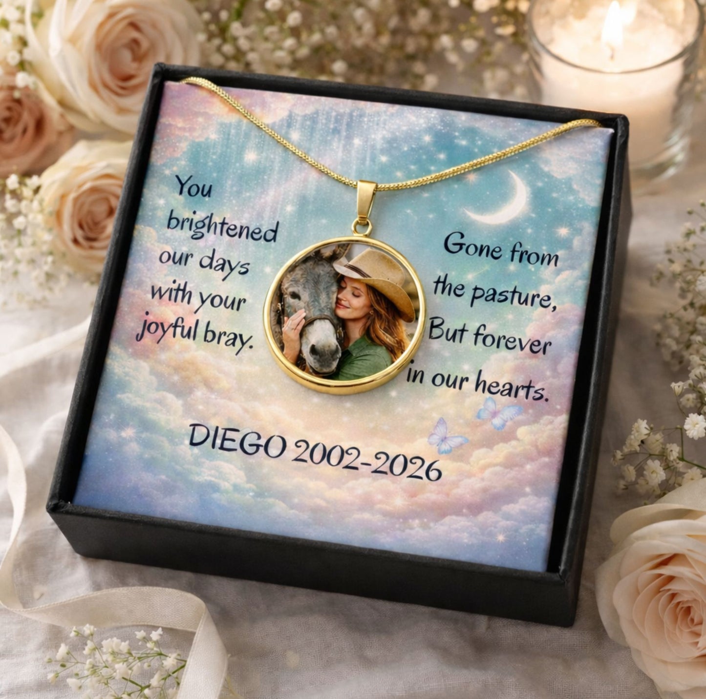 Personalized Donkey Memorial Photo Heart Necklace – Custom Jewelry Gift