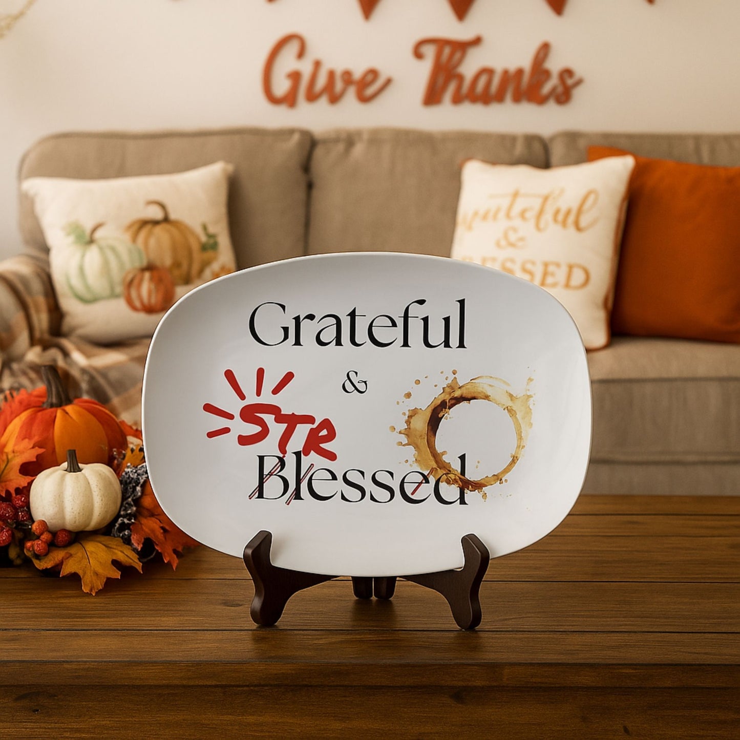 Grateful & Blessed 14x14 Serving Platter – Thanksgiving Gift