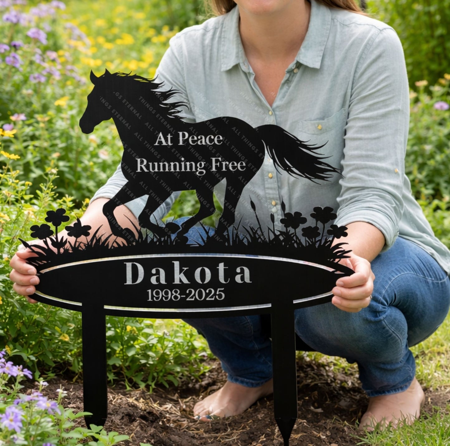 Horse Memorial Metal Garden Stake – Custom Running Horse Tribute Sign with Name & Dates