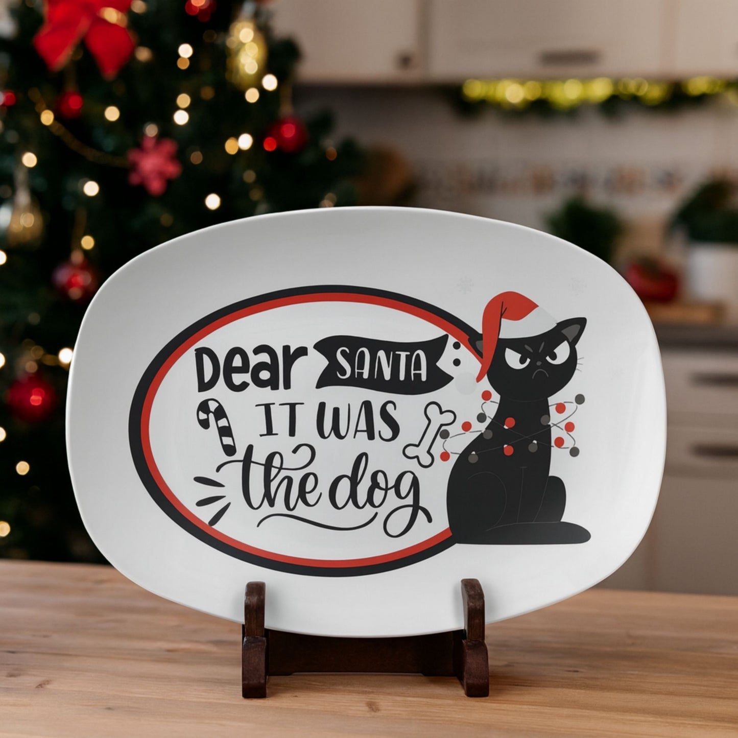 Funny Cat “Dear Santa It Was the Dog” Serving Tray – Holiday Platter