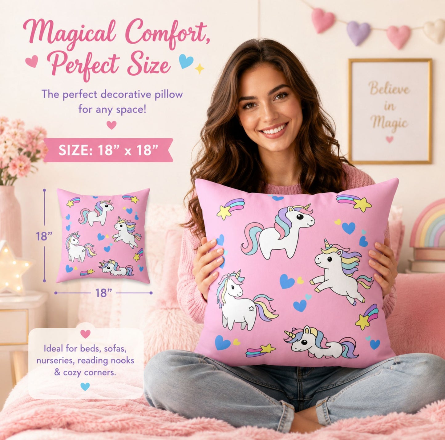 Cute Pastel Unicorn Pillowcase | Pink Kids Decorative Throw Pillow Cover