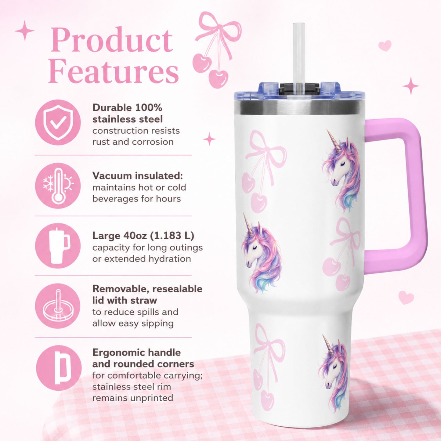 40oz Unicorn Pattern Vacuum Tumbler with Straw | Magical Pastel Travel Mug