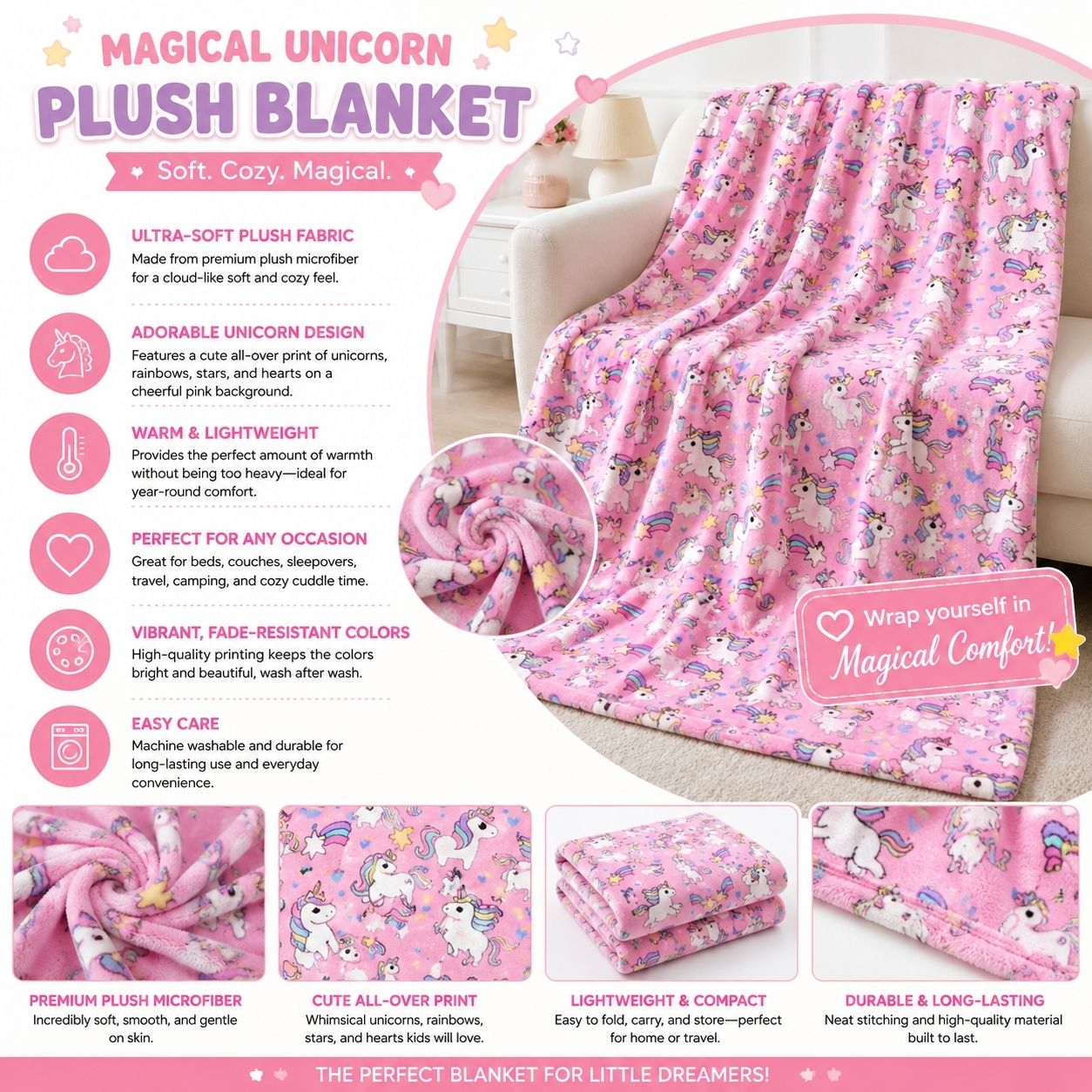 Unicorn Pattern Velveteen Plush Blanket | Pink Unicorn & Rainbow Throw