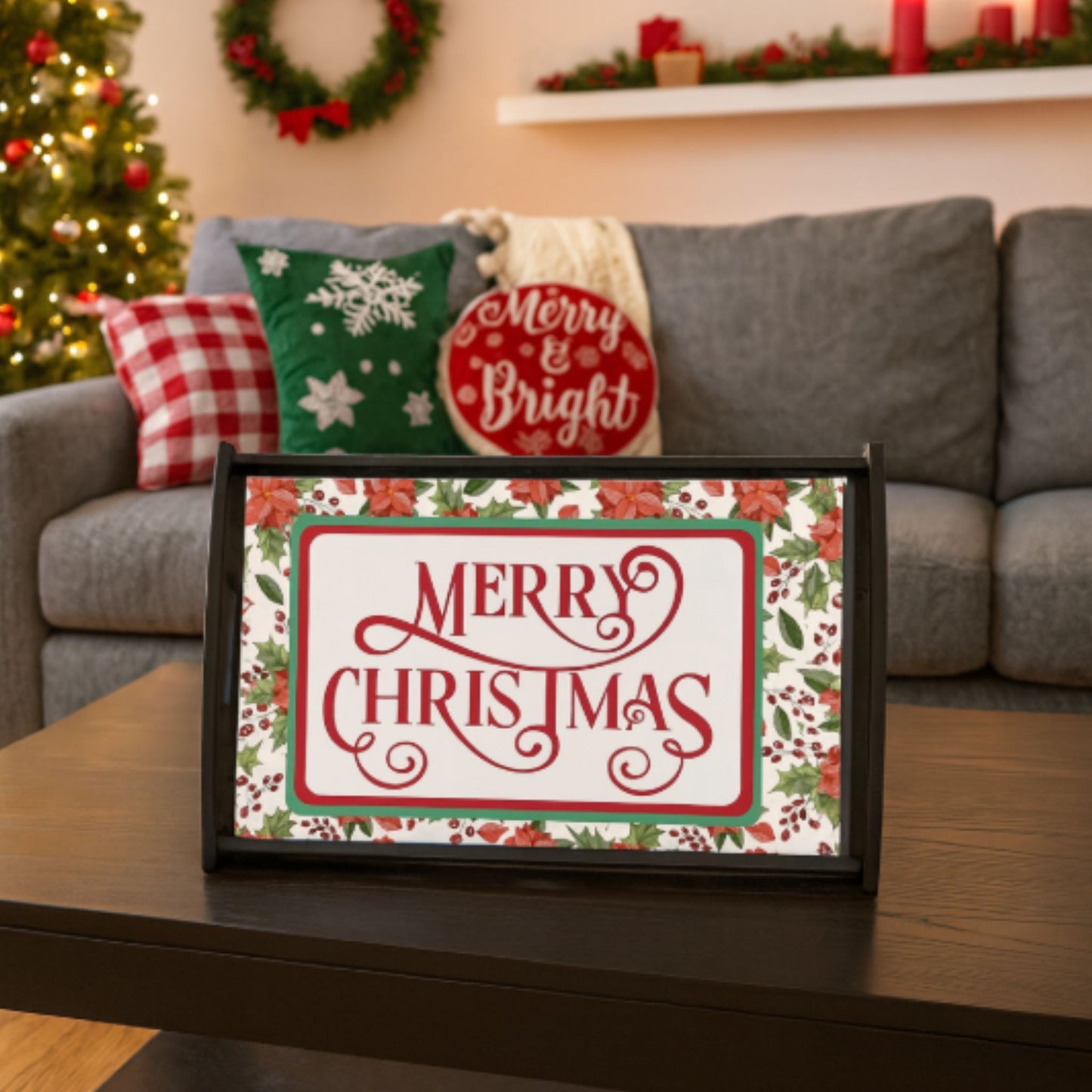 Espresso Black Merry Christmas Serving Tray – Large Wooden Holiday Platter