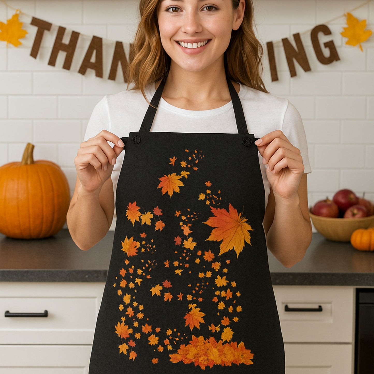 Black Fall Leaves Apron | Grateful Cooking & Thanksgiving Gift