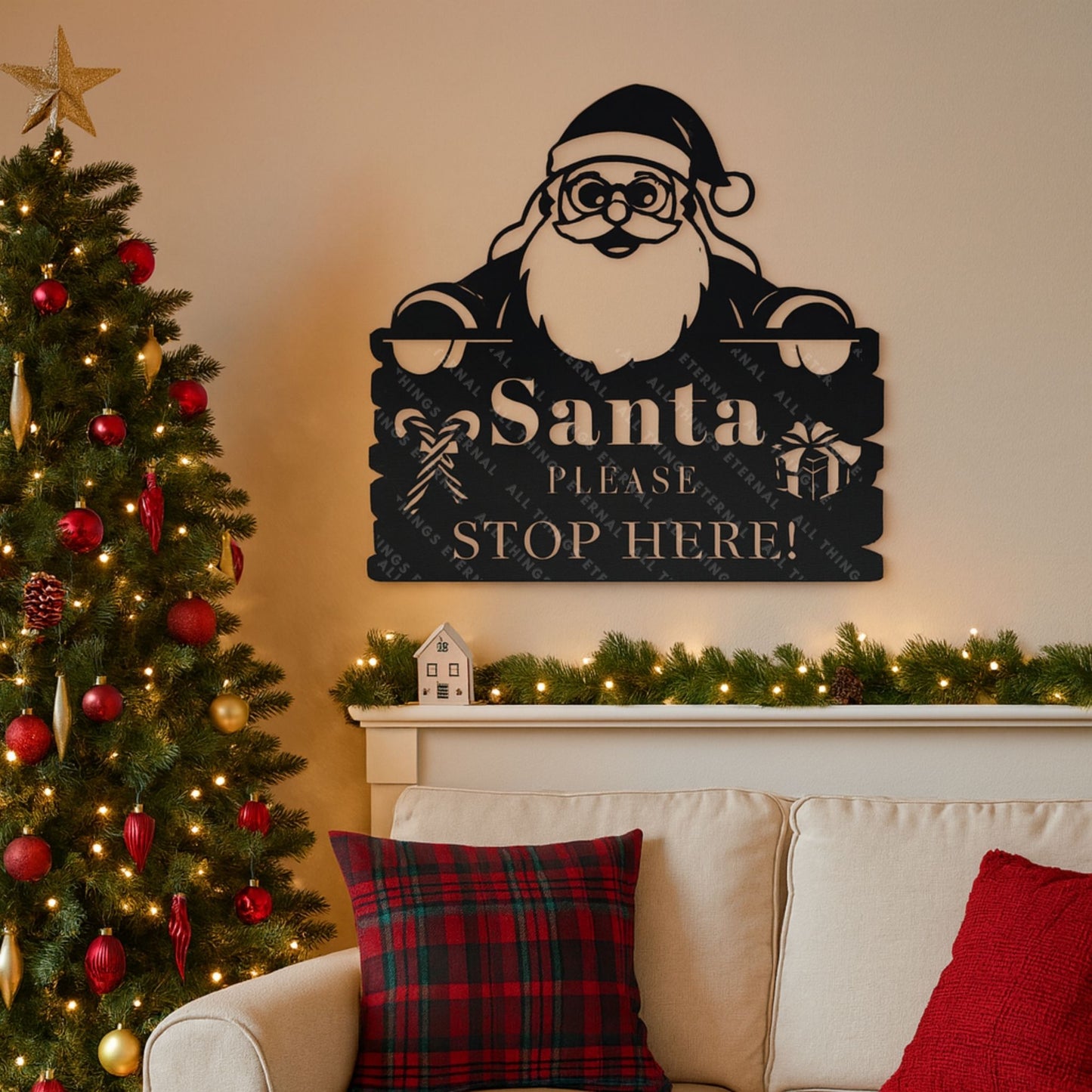 Santa Please Stop Here Metal Christmas Sign | Holiday Decor
