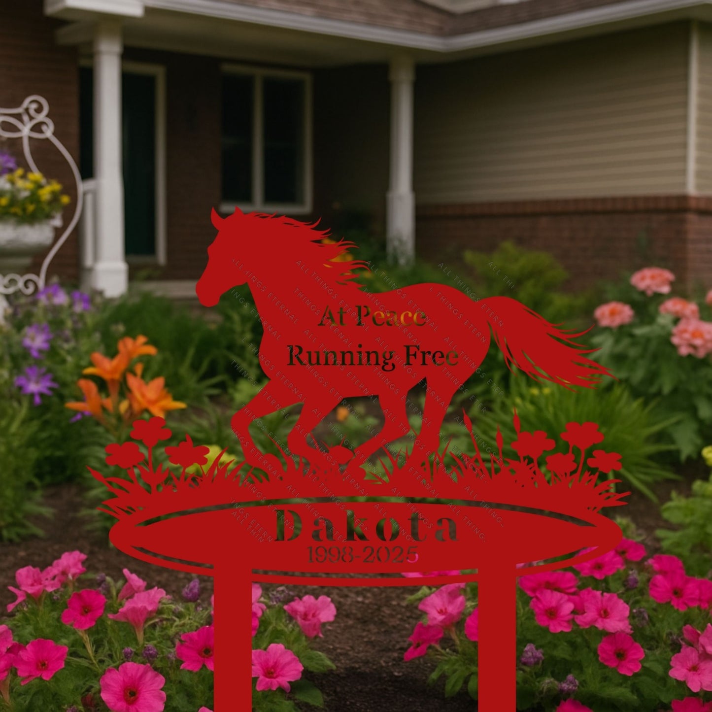 Horse Memorial Metal Garden Stake – Custom Running Horse Tribute Sign with Name & Dates