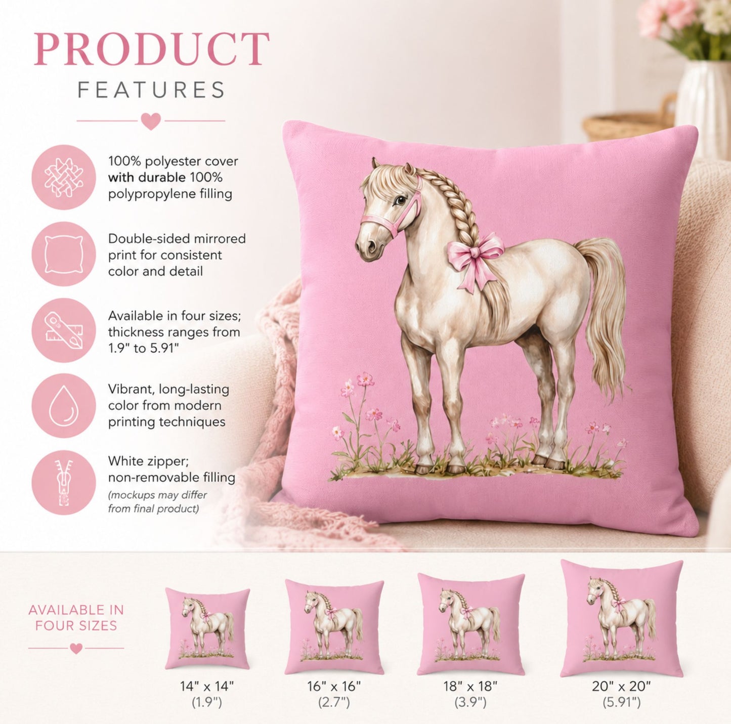 Pink Pony Decorative Pillowcase — Cute White Horse Throw Pillow Cover