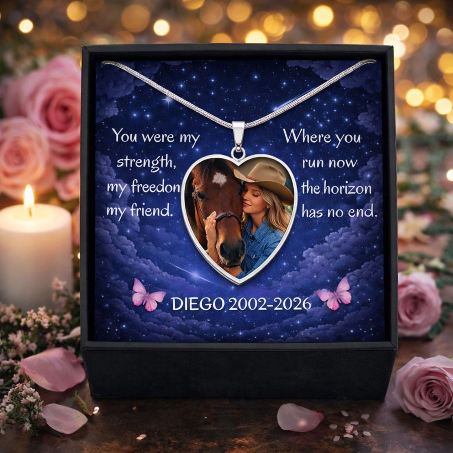 Custom Horse Memorial Photo Heart Necklace with Heartfelt Message Card Gift