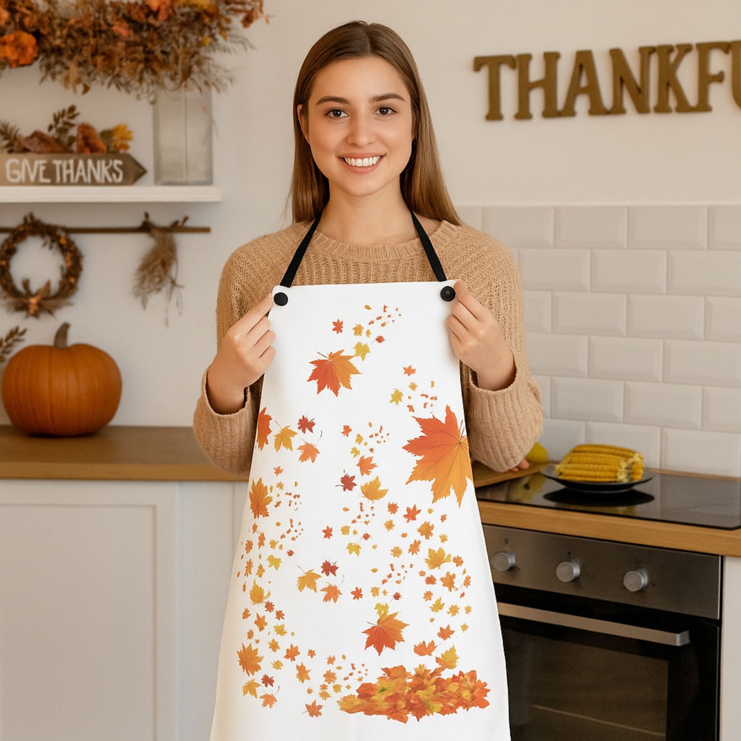 White Fall Leaves Apron | Grateful Cooking Apron | Holiday Gift