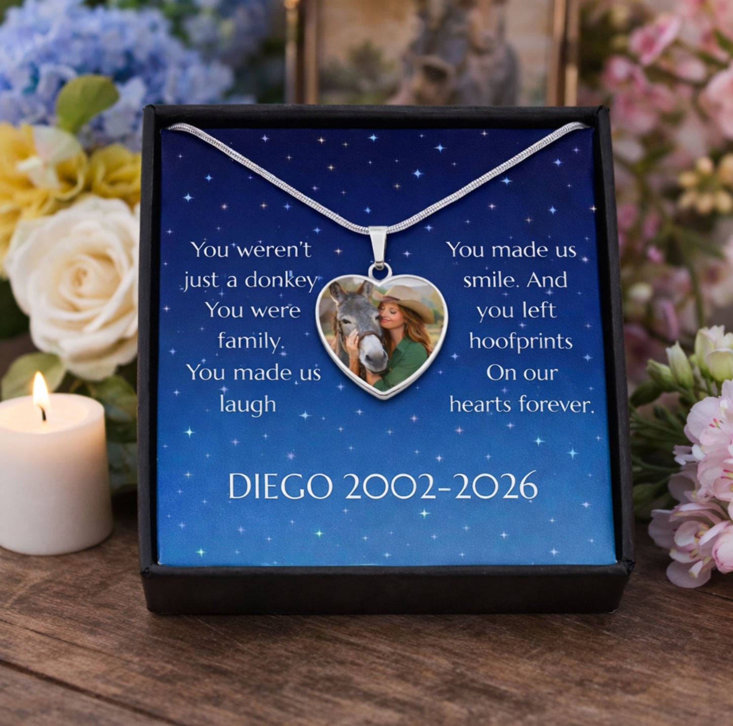 Custom Donkey Memorial Photo Heart Necklace with Message Card Gift