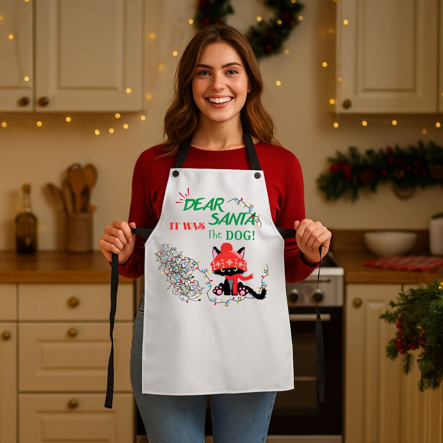 Funny Cat Lover Apron – “It Was the Dog” Christmas Cooking Gift