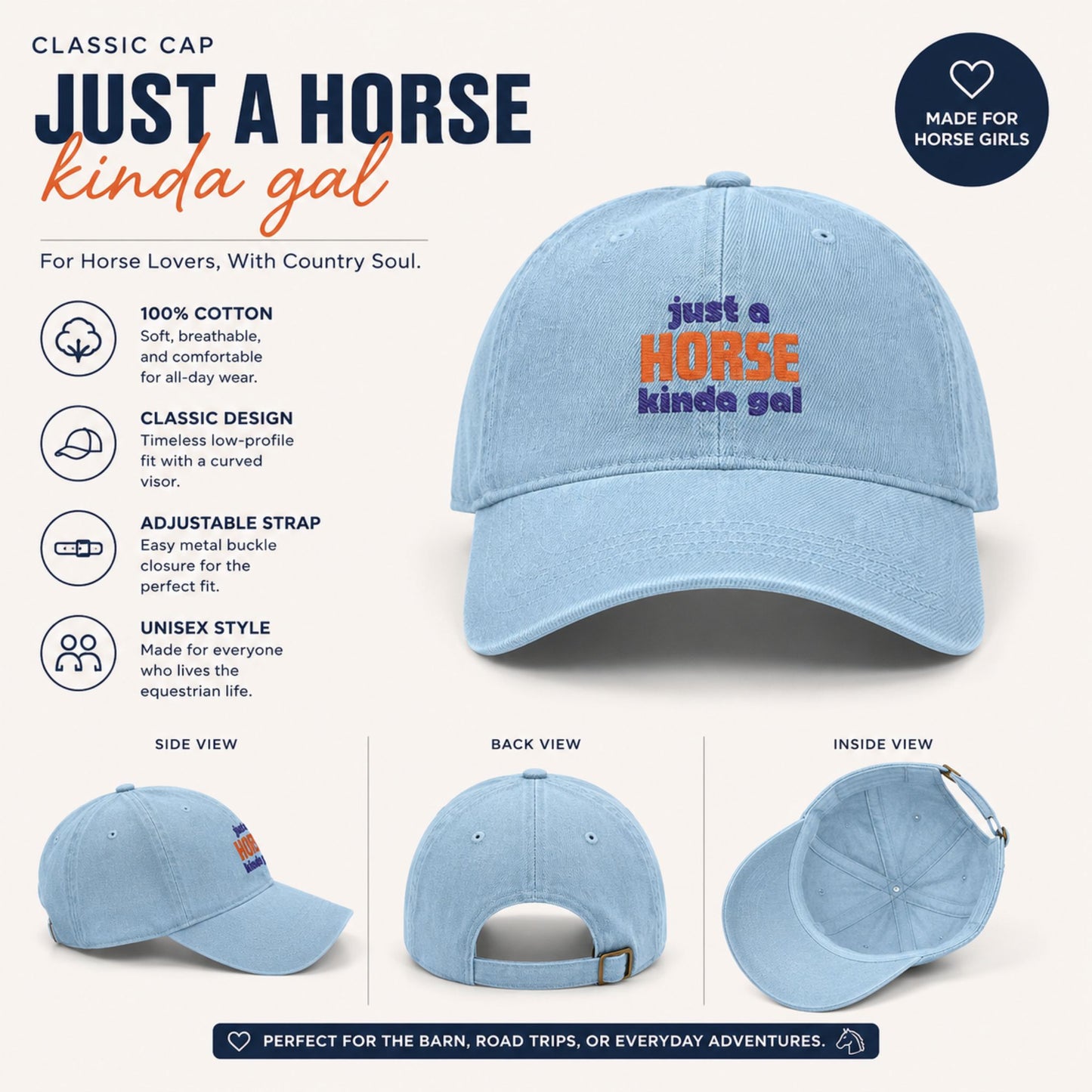 Embroidered Just a Horse Kinda Gal Denim Hat –  Equestrian Cap for Men and Women