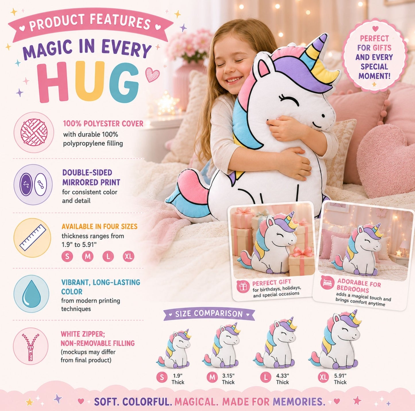 Rainbow Magical Unicorn Shaped Pillow | Cute Unicorn Pillow